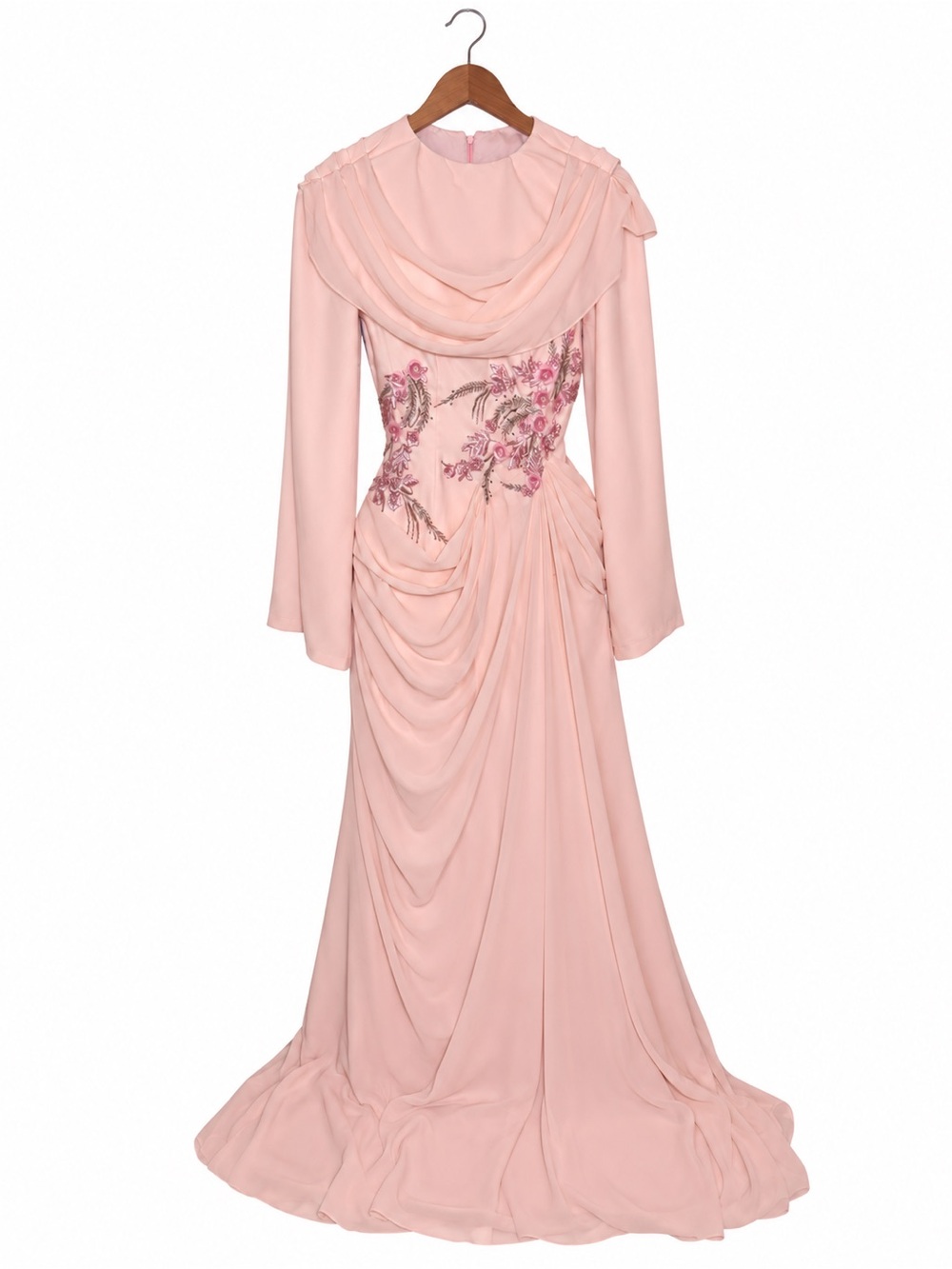 Custom Blush Pink Chiffon Draped Gown with Beaded Embroidery | XS/S